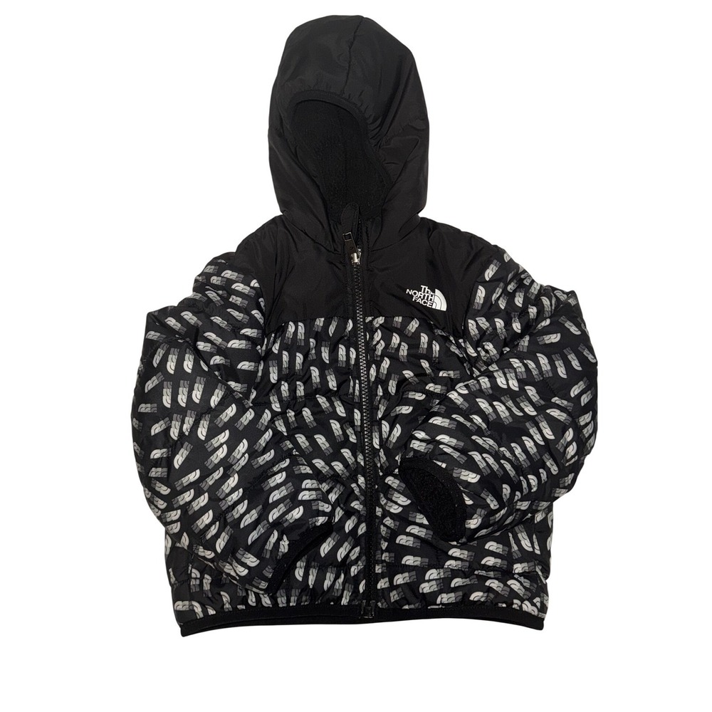 The North Face Kids Reversible Puffer Fleece Jacket Black Grey Logo Size 3T FLAW